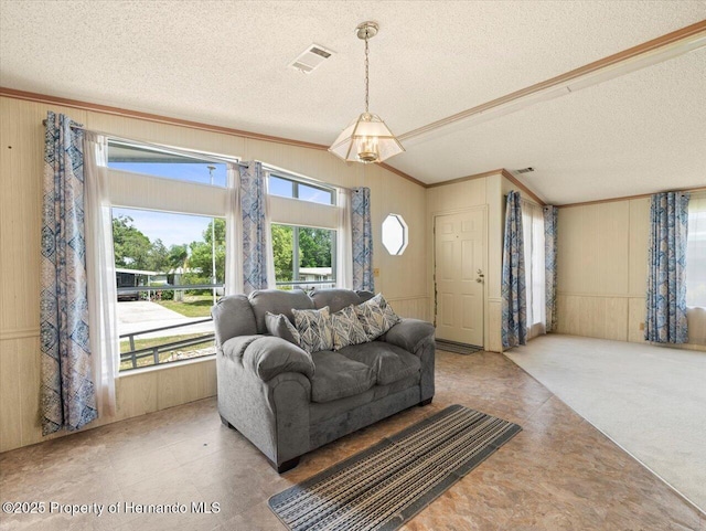8017 Fiat Ave, Brooksville, FL 34613 - living area featuring a textured ceiling, wood walls, vaulted ceiling, and ornamental molding