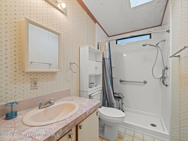 8017 Fiat Ave, Brooksville, FL 34613 - full bathroom with wallpapered walls, a shower with shower curtain, vanity, tile patterned floors, and a textured ceiling