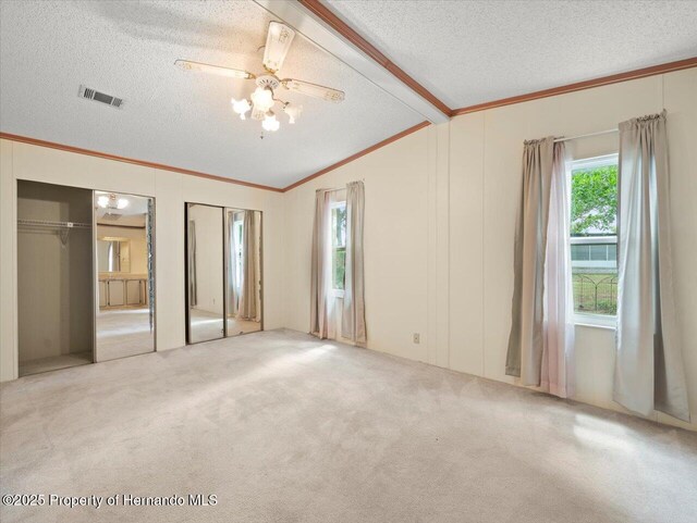 8017 Fiat Ave, Brooksville, FL 34613 - carpeted spare room with ornamental molding, a textured ceiling, lofted ceiling, and a decorative wall