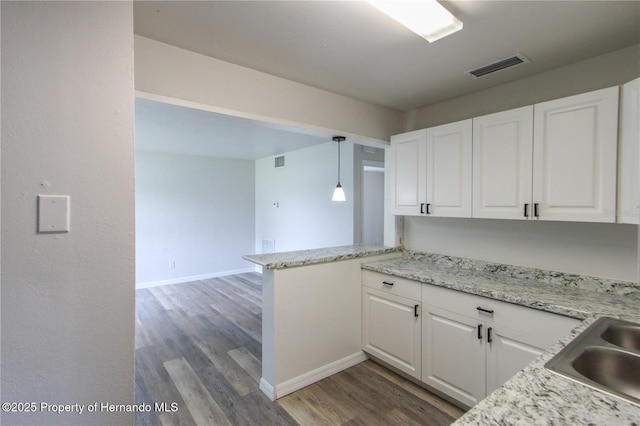 9345 N Elliot Way, Citrus Springs, FL 34434 - kitchen featuring wood finished floors, white cabinetry, a peninsula, and decorative light fixtures