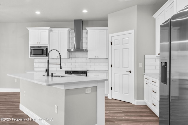 16113 Penn State Rd, Weeki Wachee, FL 34614 - kitchen with appliances with stainless steel finishes, wall chimney range hood, dark wood-style flooring, decorative backsplash, and white cabinets