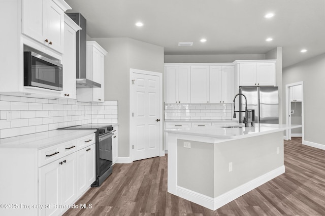 16113 Penn State Rd, Weeki Wachee, FL 34614 - kitchen featuring appliances with stainless steel finishes, dark wood-type flooring, tasteful backsplash, light countertops, and white cabinets