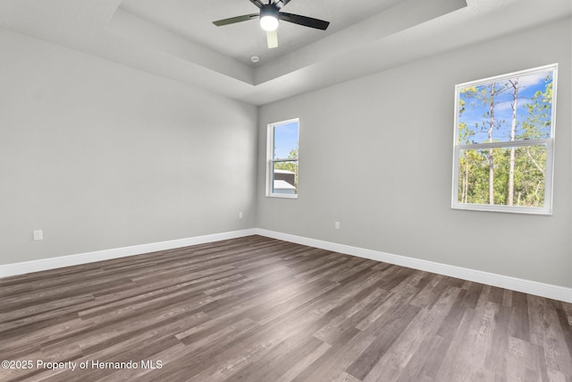 16113 Penn State Rd, Weeki Wachee, FL 34614 - empty room with a raised ceiling, dark wood-type flooring, and ceiling fan