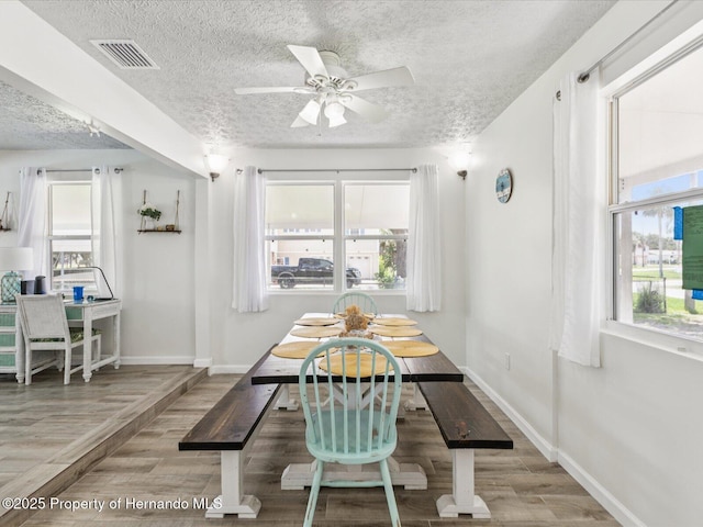 3579 Eagle Nest Dr, Hernando Beach, FL 34607 - dining room featuring wood finished floors, a textured ceiling, and a ceiling fan