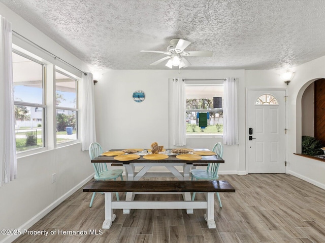 3579 Eagle Nest Dr, Hernando Beach, FL 34607 - dining space featuring arched walkways, light wood finished floors, plenty of natural light, a ceiling fan, and a textured ceiling