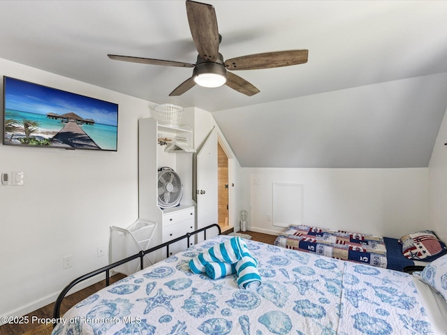 3579 Eagle Nest Dr, Hernando Beach, FL 34607 - bedroom featuring vaulted ceiling, wood finished floors, and ceiling fan