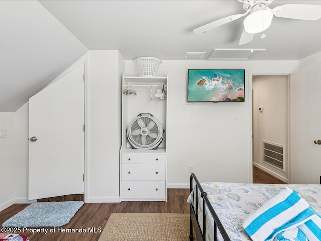3579 Eagle Nest Dr, Hernando Beach, FL 34607 - bedroom featuring dark wood-type flooring, ceiling fan, and attic access