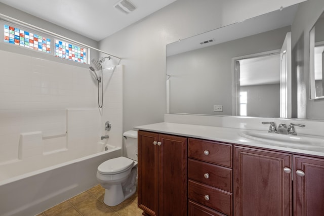 full bath featuring visible vents, tile patterned flooring, toilet, and vanity