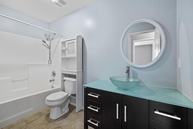 bathroom featuring vanity, toilet, tile patterned floors, shower / bathing tub combination, and visible vents
