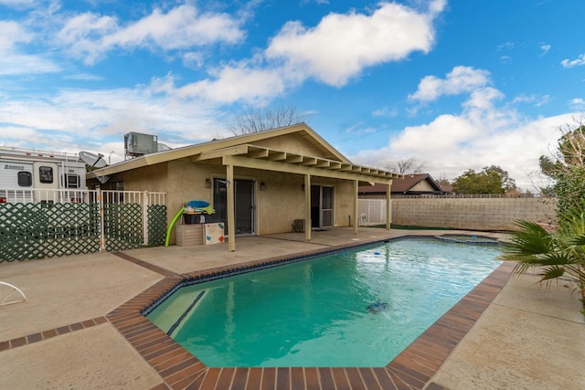 view of swimming pool with a fenced in pool, central AC unit, fence private yard, and a patio area