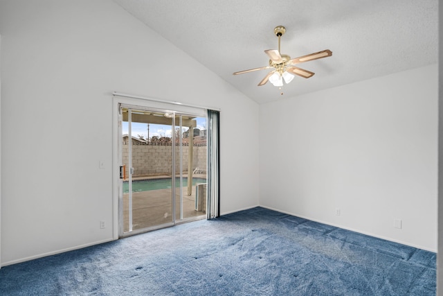 carpeted spare room featuring high vaulted ceiling, baseboards, and ceiling fan