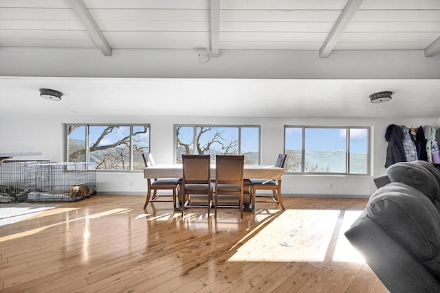 dining space with beamed ceiling, light hardwood / wood-style flooring, and wooden ceiling