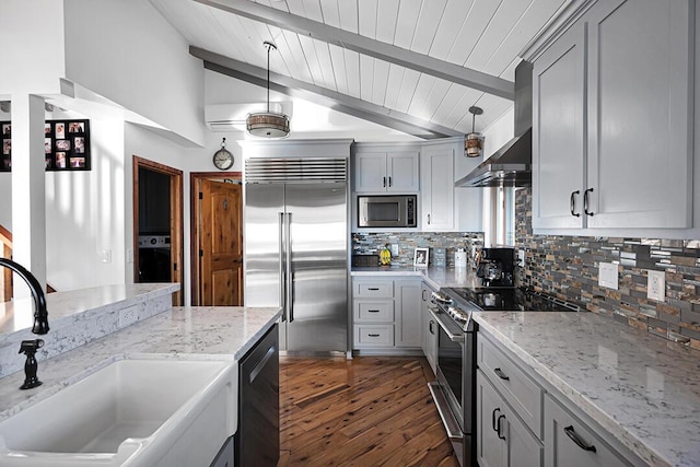 kitchen with sink, backsplash, built in appliances, wood ceiling, and light stone counters