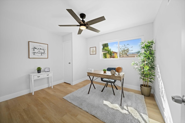 office with light hardwood / wood-style floors and ceiling fan