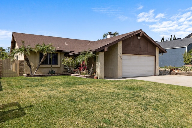 ranch-style house with a chimney, stucco siding, a front yard, a garage, and driveway