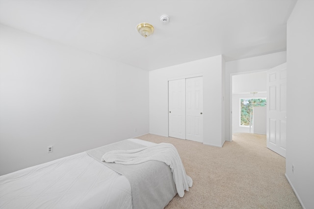 bedroom with a closet and light carpet