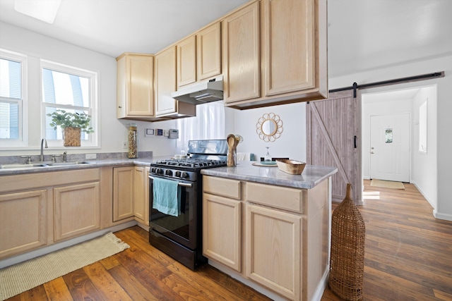 kitchen with stainless steel range with gas cooktop, under cabinet range hood, light brown cabinetry, a sink, and dark wood-type flooring