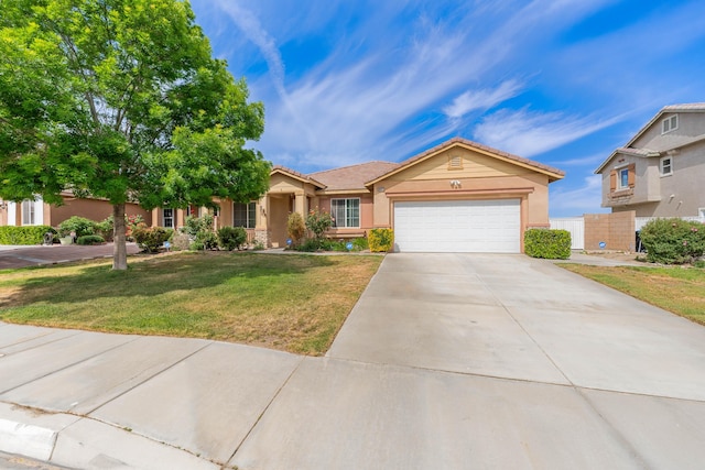 ranch-style house featuring an attached garage, a tile roof, and stucco siding