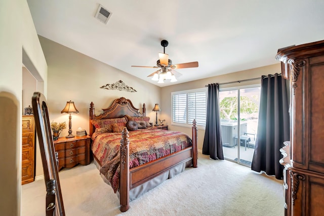 carpeted bedroom featuring access to exterior, ceiling fan, and lofted ceiling