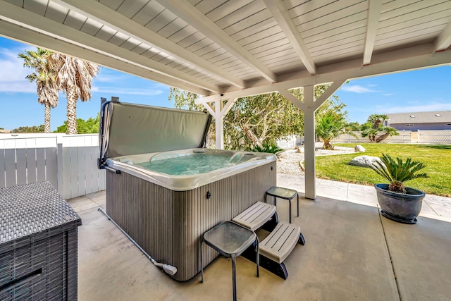 view of patio featuring a hot tub