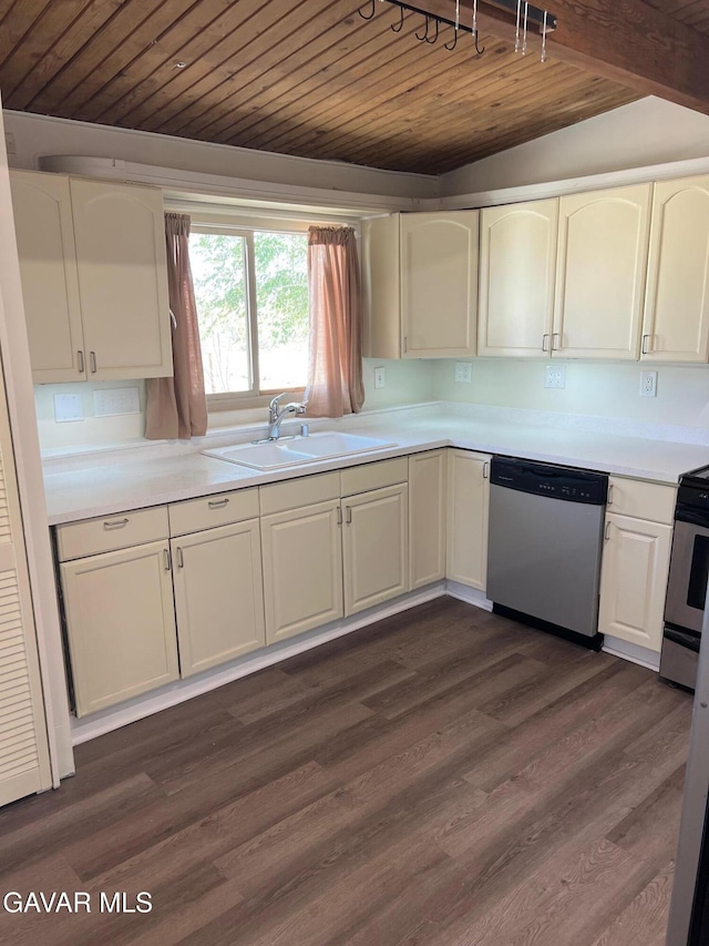 3358 Martin Ave, Mojave, CA 93501 - kitchen with stainless steel appliances, wooden ceiling, light countertops, dark wood-type flooring, and white cabinetry