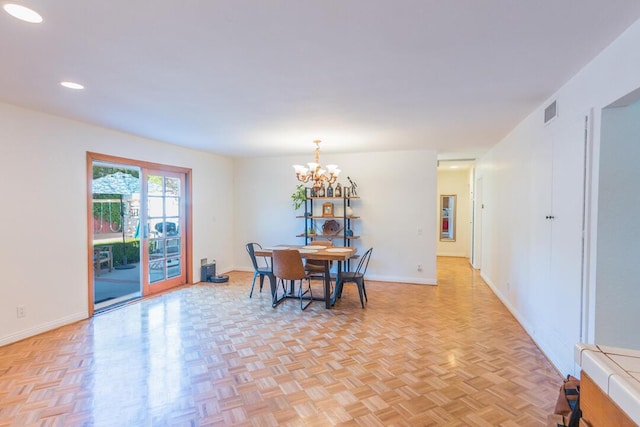 22437 Haynes St, West Hills, CA 91307 - dining space featuring a chandelier, visible vents, baseboards, and recessed lighting