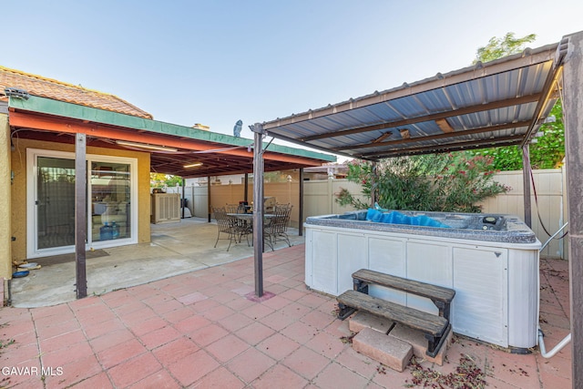 6019 Diamond St, Palmdale, CA 93552 - fenced backyard featuring a hot tub, a patio, and outdoor dining space