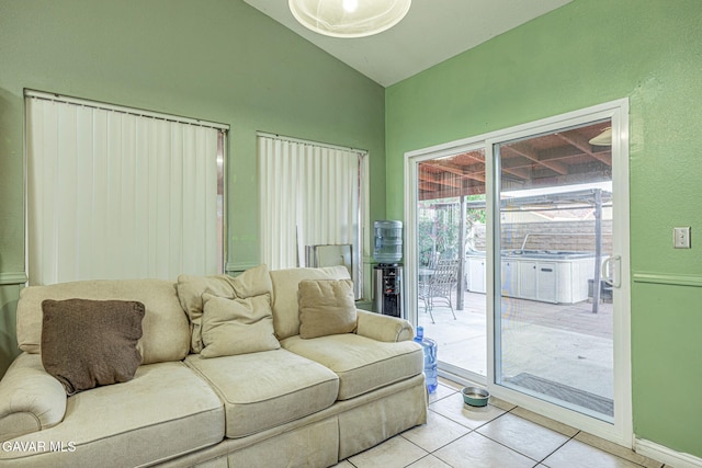 6019 Diamond St, Palmdale, CA 93552 - living area with light tile patterned floors and high vaulted ceiling