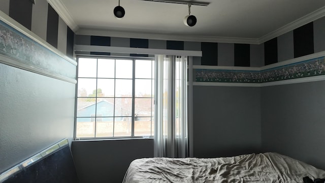 bedroom featuring track lighting, ornamental molding, and multiple windows