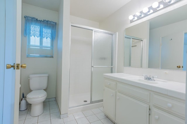 bathroom featuring toilet, a shower stall, tile patterned flooring, and vanity