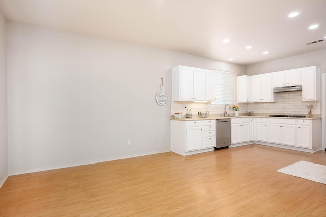 2447 Brompton Ct, Palmdale, CA 93551 - kitchen featuring under cabinet range hood, stainless steel dishwasher, a sink, tasteful backsplash, and recessed lighting