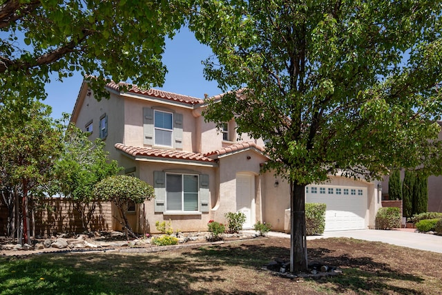 2447 Brompton Ct, Palmdale, CA 93551 - mediterranean / spanish house featuring a tile roof, concrete driveway, a garage, and stucco siding