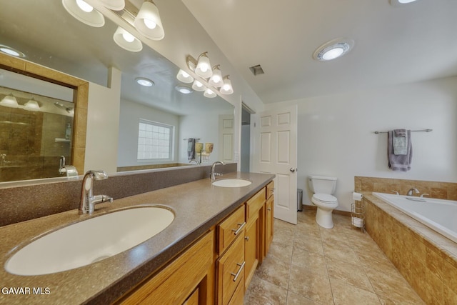 19426 Cavalier Ct, Tehachapi, CA 93561 - bathroom with double vanity, a garden tub, a stall shower, and tile patterned flooring