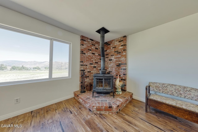 19426 Cavalier Ct, Tehachapi, CA 93561 - living area featuring wood finished floors, a wood stove, and a mountain view
