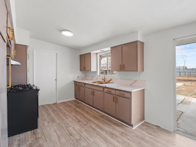 kitchen featuring baseboards, light wood finished floors, and a sink