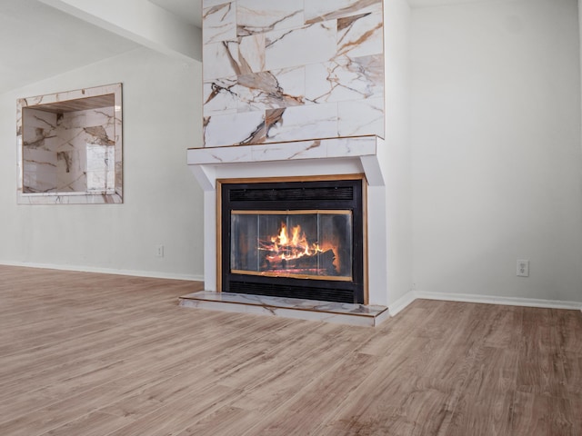 details with baseboards, wood finished floors, and a glass covered fireplace