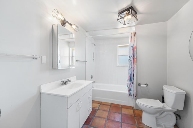 full bathroom with toilet, shower / tub combo with curtain, and vanity