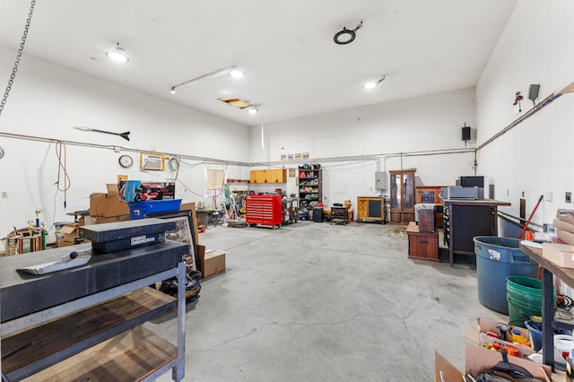garage with a workshop area