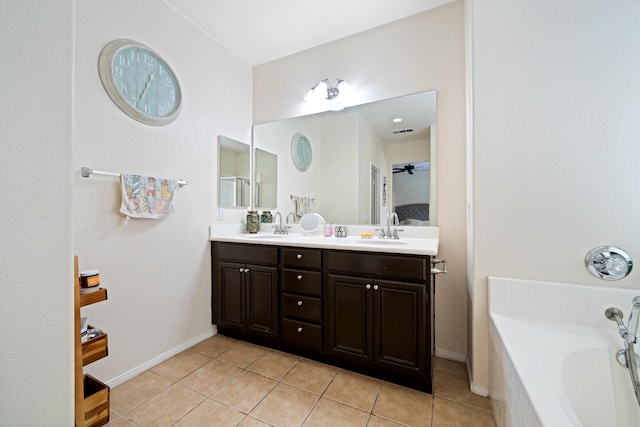 bathroom featuring tile patterned flooring, vanity, ceiling fan, and tiled tub