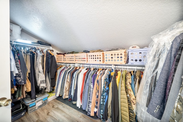 spacious closet featuring wood finished floors and lofted ceiling
