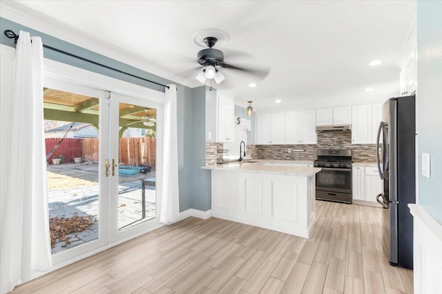 kitchen with kitchen peninsula, white cabinetry, sink, and stainless steel appliances