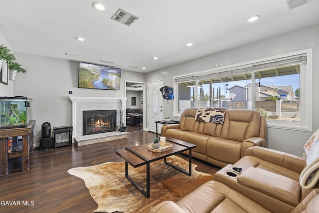 5136 W W Ave L8, Lancaster, CA 93536 - living room with dark wood-style flooring, a fireplace, and recessed lighting