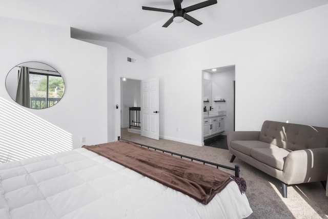 2012 Comstock Ct, Palmdale, CA 93551 - bedroom featuring carpet flooring, lofted ceiling, connected bathroom, ceiling fan, and baseboards