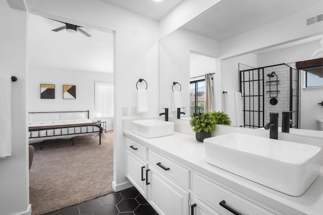2012 Comstock Ct, Palmdale, CA 93551 - full bath with double vanity, a stall shower, tile patterned floors, and ceiling fan