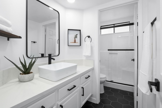 2012 Comstock Ct, Palmdale, CA 93551 - full bath featuring toilet, vanity, a stall shower, and tile patterned flooring