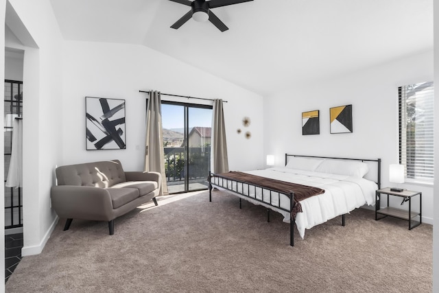 2012 Comstock Ct, Palmdale, CA 93551 - bedroom featuring access to exterior, vaulted ceiling, carpet, baseboards, and a ceiling fan