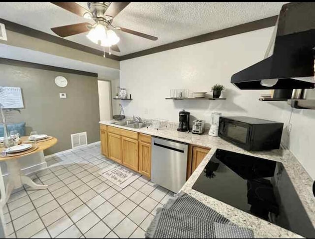 kitchen with visible vents, black microwave, open shelves, stainless steel dishwasher, and exhaust hood