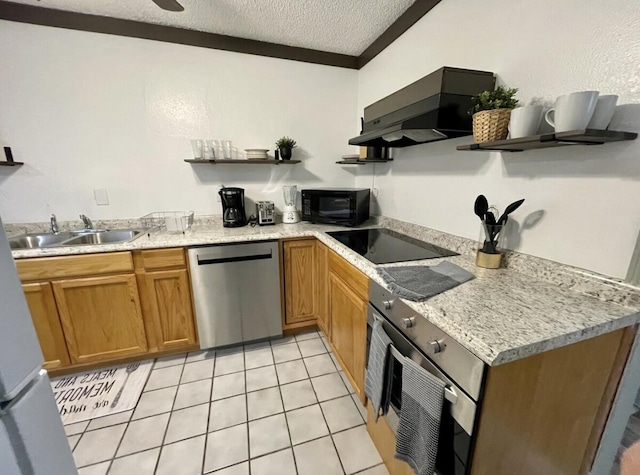 kitchen featuring open shelves, a sink, a textured ceiling, black appliances, and extractor fan