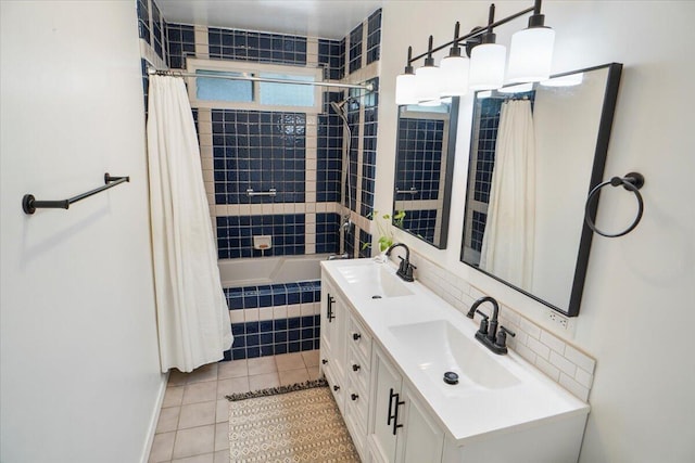 bathroom with vanity, tile patterned floors, and shower / bath combination with curtain