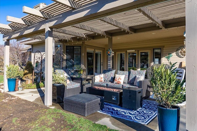 view of patio with an outdoor hangout area and a pergola